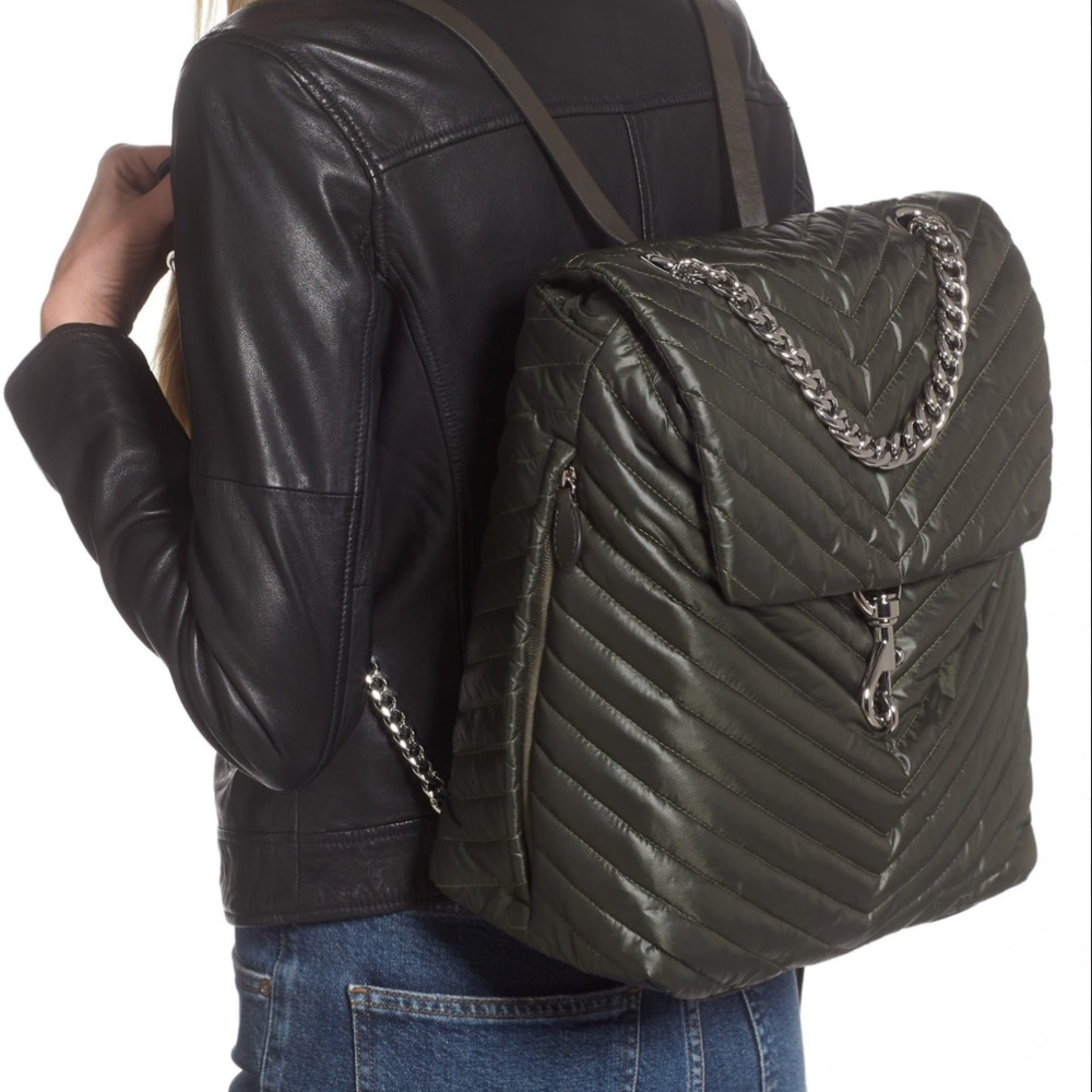 Olive Quilted Backpack with Chain Detail